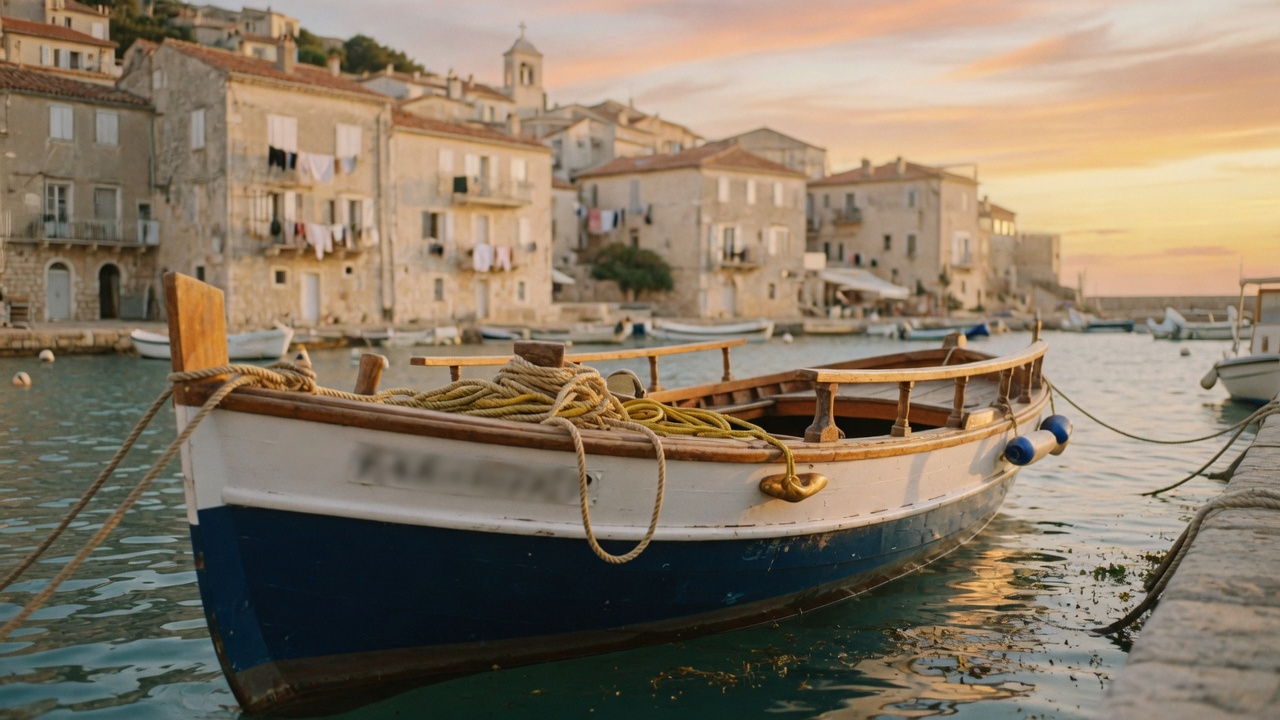 A small wooden tour boat moored in a Mediterranean harbor at sunset