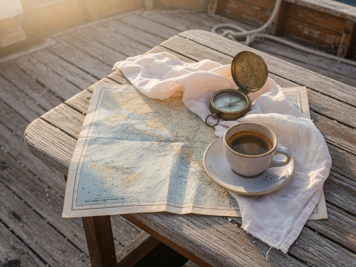 Nautical chart and coffee on a wooden deck table